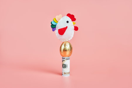 chicken fertile hatching eggs a golden egg on a 100 dollar bill. concept. pink background