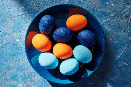 multi-colored chicken eggs in a blue plate. concept easter