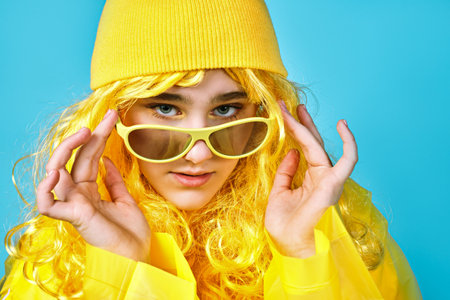 portrait of pretty girl in a yellow hair hat. teenager in cap and raincoat and with glasses in his...