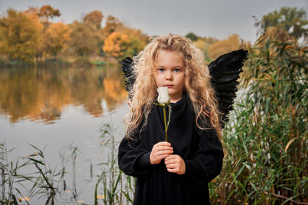little girl with white rose with angel wings near lake in autumnの写真素材