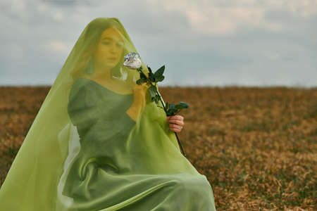 woman in field on chair with white rose in her hands. female in burqaの写真素材