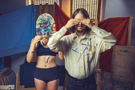 art portrait of a young couple. artist man and woman body artの写真素材