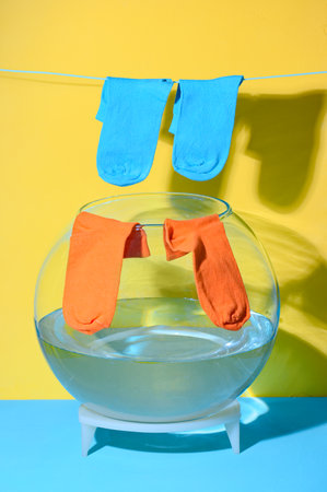 Blue socks drying on a rope on a bowl with water. Washing concept