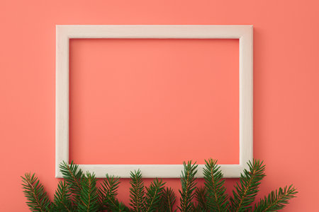 christmas card. Fir branch on a pink background in a white frame. Minimal style design