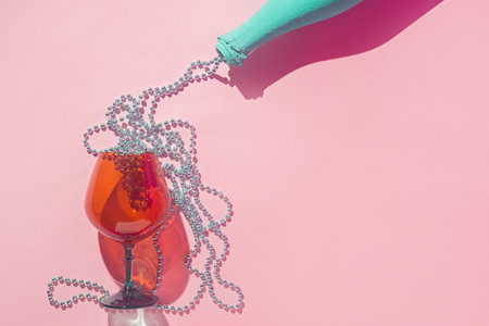 Pouring champagne into a glass. concept idea. holiday celebration. pink background. layoutの写真素材