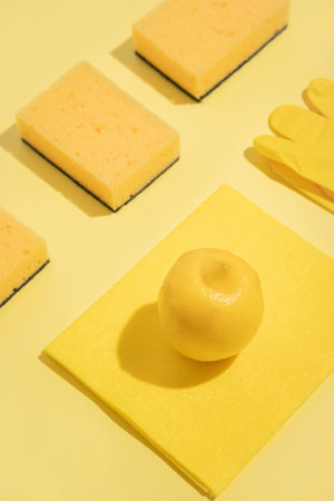 lemon freshness. Cleaning products foam sponge, cloth rag, rubber gloves. concept idea. yellow backgroundの写真素材