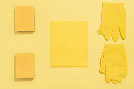 Layout of detergents. Rubber gloves, foam sponge, fabric rag on a yellow background. cleaning concept.の写真素材