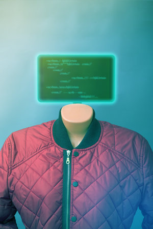 Concept photo of artificial intelligence. Mannequin with a monitor instead of a head. AI technology