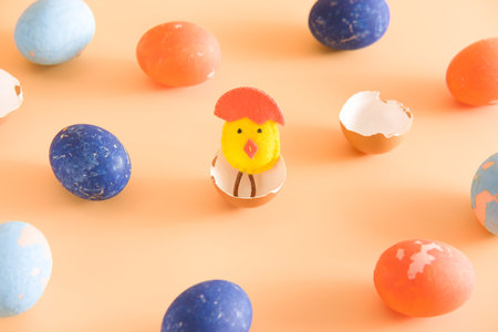 Diy easter chicken in eggshell. concept. beige background. layout.の写真素材
