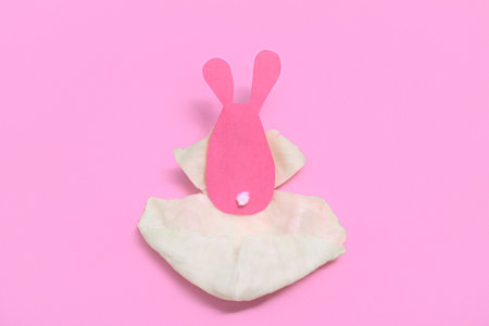 Cardboard Easter hare lies in a cabbage leaf. pink background.の写真素材