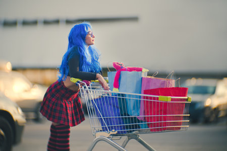 Modern, fashionable woman with blue hair, standing in the car park with a shopping trolley full. A concept sale in the shopsの写真素材