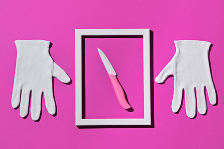 White gloves, ceramic knife with pink framed handle. concept design chefの写真素材