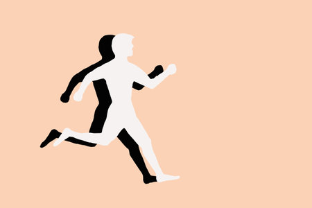 Silhouette white man black shadow is running on a beige background. Concept, speed, running, healthy lifestyle. photoの写真素材