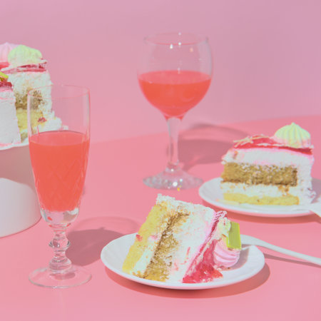Holiday table with red wine champagne two glasses and cake. pink background.の写真素材