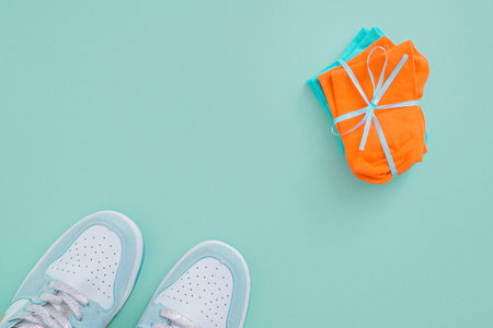 New socks and sneakers. blue background. gift.の写真素材