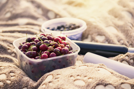 Ripe cherries in a plastic container on a plaid on a sunny day. picnic. Blurry focus. bokehの写真素材