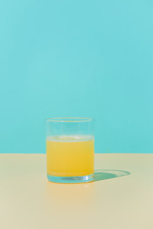 Glass of fresh orange juice on beige table. blue background