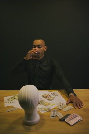 African-American man drinking alcohol whiskey in a casino. There's money scattered on the table,...