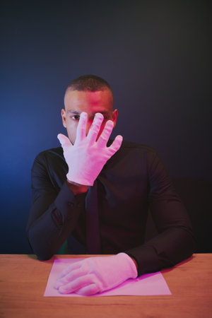 African American man with short dark hair, wearing a black suit, covers his face with his hand, which is illuminated by a red lanternの写真素材