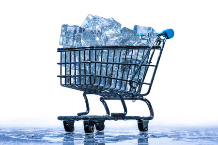 ice cubes with water drops in a supermarket trolleyの写真素材