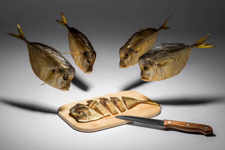  many fish near board with chopped Vomeroの写真素材