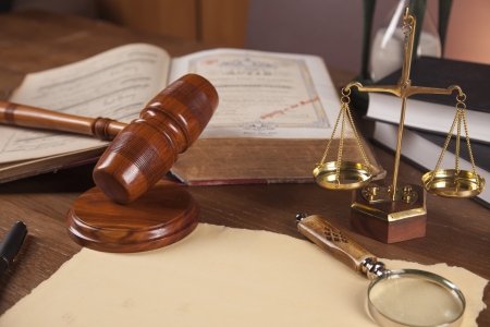 Wooden gavel and justice stuffの写真素材