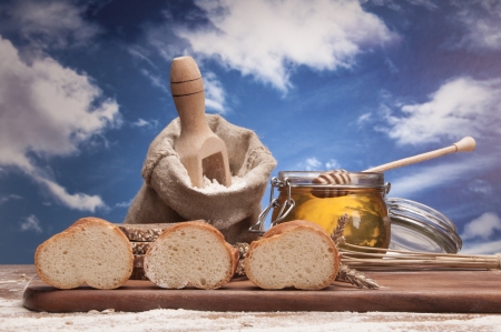 Baking goods and vegetalbes with sky backgroundの写真素材
