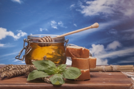 Baking goods and vegetalbes with sky backgroundの写真素材