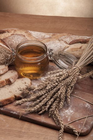 Baking theme table with breadの写真素材