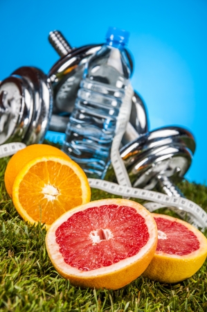 Fruits and vegetables with blue backgroundの写真素材