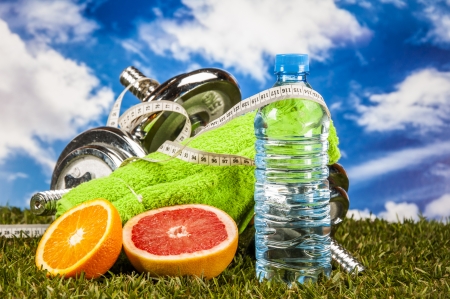 Fitness stuff with color, bright backgroundの写真素材