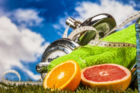 Fitness stuff with color, bright backgroundの写真素材