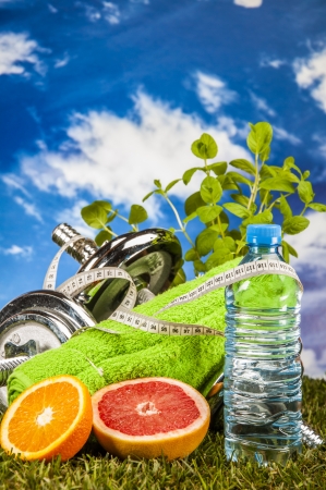 Fitness stuff with color, bright backgroundの写真素材