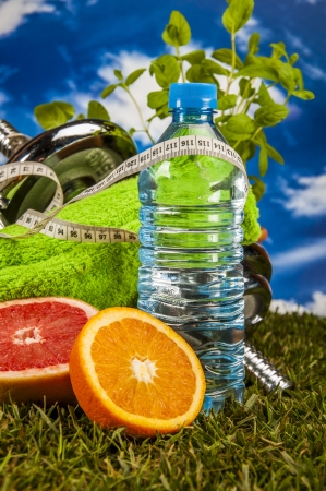 Fitness stuff with color, bright backgroundの写真素材