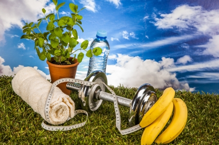 Colorful fitness composition, light backgroundの写真素材