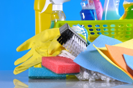 Cleaning concept with bottles and brushesの写真素材