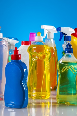Cleaning set on blue vivid backgroundの写真素材