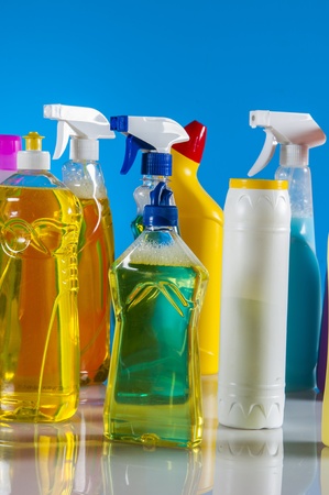 Cleaning set on blue vivid backgroundの写真素材