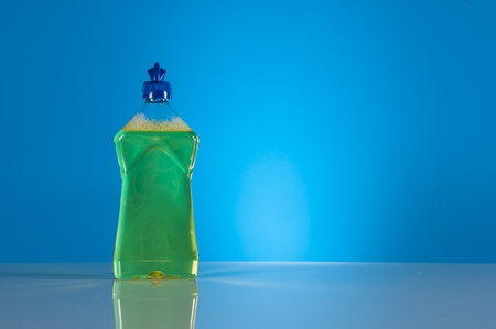Washing and cleaning concept, cleaning set on blue backgroundの写真素材