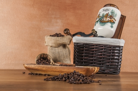 Italian coffee on wooden table with brown backgroundの写真素材