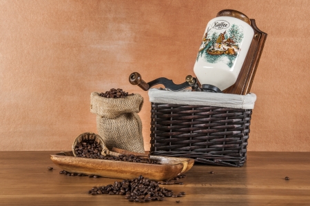 Italian coffee on wooden table with brown backgroundの写真素材
