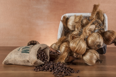 Italian coffee on wooden table with brown backgroundの写真素材