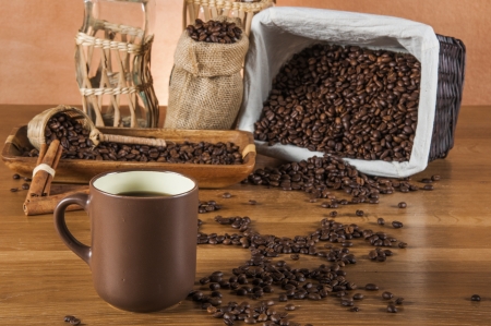 Traditional rural coffee theme on wooden tableの写真素材