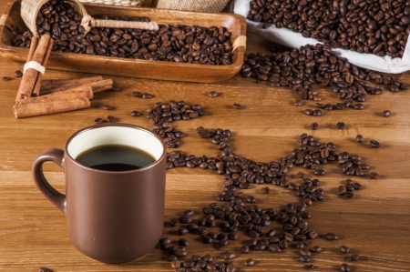 Traditional rural coffee theme on wooden tableの写真素材