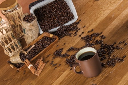Traditional rural coffee theme on wooden tableの写真素材