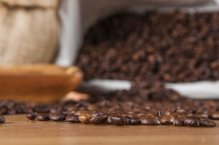 Traditional rural coffee theme on wooden tableの写真素材
