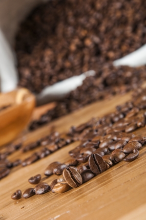 Traditional rural coffee theme on wooden tableの写真素材