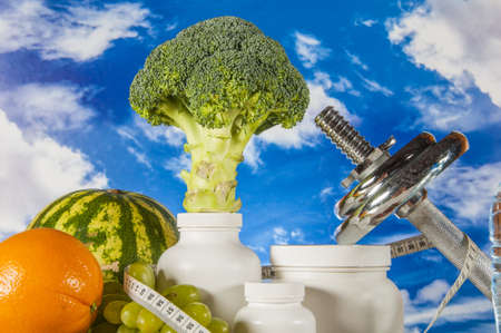 Fitness objects on the blue sky backgroundの写真素材
