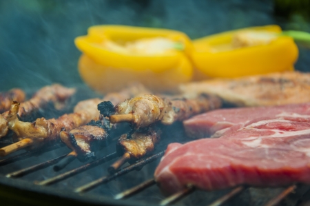 Hot grilled meat and vegetables on green backgroundの写真素材