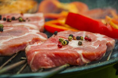 Hot grilled meat and vegetables on green backgroundの写真素材